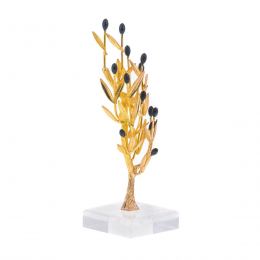 Decorative Olive Tree with Golden Patina & Black Olives, Handmade on Plexiglass Base, Height 22cm (8.6'')