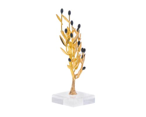 Decorative Olive Tree with Golden Patina & Black Olives, Handmade on Plexiglass Base, Height 22cm (8.6'')