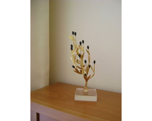 Decorative Olive Tree with Golden Patina & Black Olives, Handmade on Plexiglass Base, Height 22cm (8.6'')