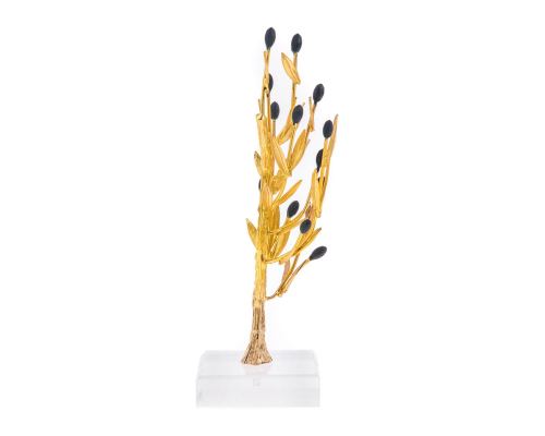 Decorative Olive Tree with Golden Patina & Black Olives, Handmade on Plexiglass Base, Height 22cm (8.6'')