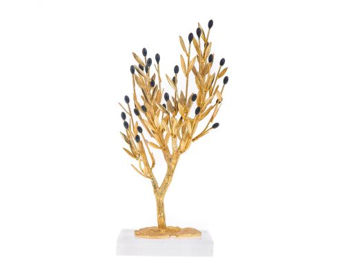 Decorative Olive Tree with Golden Patina & Black Olives, Handmade on Plexiglass Base, Height 31cm (12.2'')