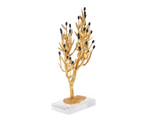 Decorative Olive Tree with Golden Patina & Black Olives, Handmade on Plexiglass Base, Height 31cm (12.2'')