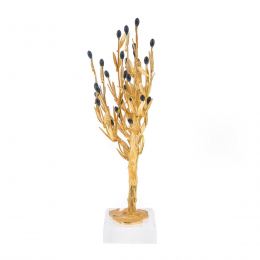 Decorative Olive Tree with Golden Patina & Black Olives, Handmade on Plexiglass Base, Height 31cm (12.2'')