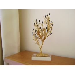 Decorative Olive Tree with Golden Patina & Black Olives, Handmade on Plexiglass Base, Height 31cm (12.2'')