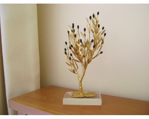 Decorative Olive Tree with Golden Patina & Black Olives, Handmade on Plexiglass Base, Height 31cm (12.2'')