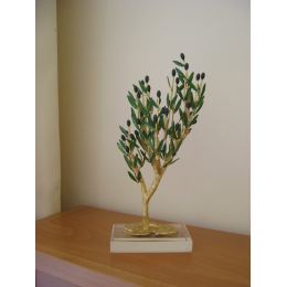 Decorative Olive Tree with Golden Patina, Handmade with Green Leaves & Black Olives on Plexiglass Base, Height 31cm (12.2'')