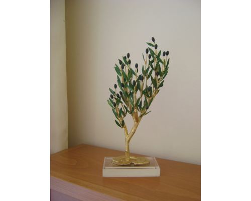 Decorative Olive Tree with Golden Patina, Handmade with Green Leaves & Black Olives on Plexiglass Base, Height 31cm (12.2'')