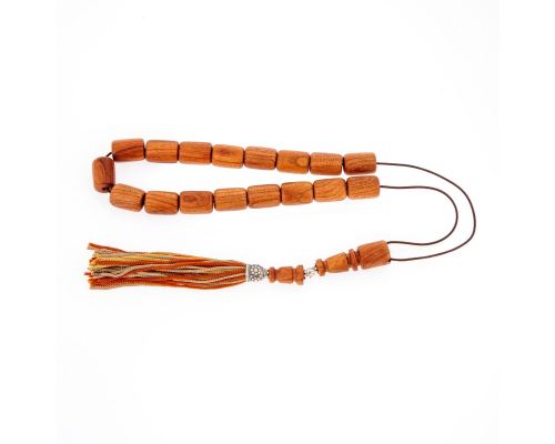 Greek Worry Beads or Komboloi - Handmade, Almond Wood Beads with 925 Sterling Silver Parts on Pure Silk Cord & Rich Tassel