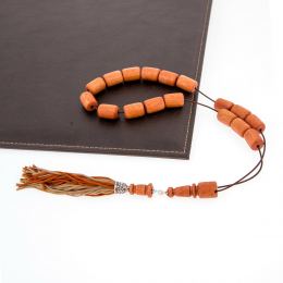 Greek Worry Beads or Komboloi - Handmade, Almond Wood Beads with 925 Sterling Silver Parts on Pure Silk Cord & Rich Tassel