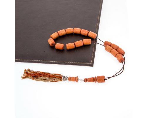 Greek Worry Beads or Komboloi - Handmade, Almond Wood Beads with 925 Sterling Silver Parts on Pure Silk Cord & Rich Tassel