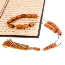 Greek Worry Beads or Komboloi - Handmade, Almond Wood Beads with 925 Sterling Silver Parts on Pure Silk Cord & Rich Tassel
