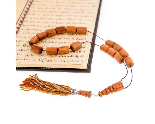 Greek Worry Beads or Komboloi - Handmade, Almond Wood Beads with 925 Sterling Silver Parts on Pure Silk Cord & Rich Tassel