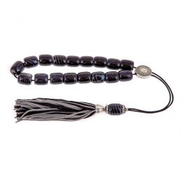 Greek Worry Beads or Komboloi - Handmade, Black Agate Gemstone Beads with Alpaca Metal Parts on Pure Silk Cord & Rich Tassel