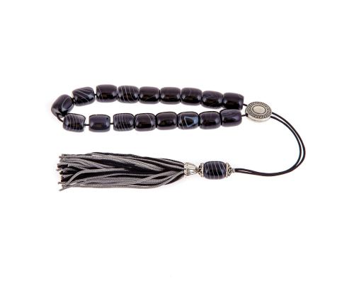 Greek Worry Beads or Komboloi - Handmade, Black Agate Gemstone Beads with Alpaca Metal Parts on Pure Silk Cord & Rich Tassel