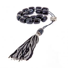 Greek Worry Beads or Komboloi - Handmade, Black Agate Gemstone Beads with Alpaca Metal Parts on Pure Silk Cord & Rich Tassel