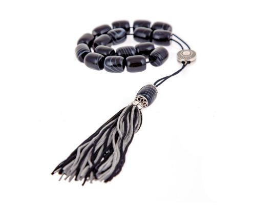 Greek Worry Beads or Komboloi - Handmade, Black Agate Gemstone Beads with Alpaca Metal Parts on Pure Silk Cord & Rich Tassel