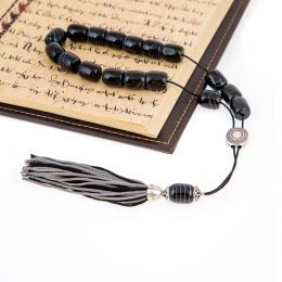 Greek Worry Beads or Komboloi - Handmade, Black Agate Gemstone Beads with Alpaca Metal Parts on Pure Silk Cord & Rich Tassel