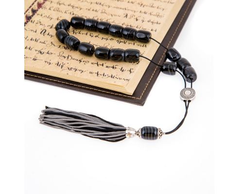 Greek Worry Beads or Komboloi - Handmade, Black Agate Gemstone Beads with Alpaca Metal Parts on Pure Silk Cord & Rich Tassel