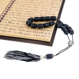 Greek Worry Beads or Komboloi - Handmade, Black Agate Gemstone Beads with Alpaca Metal Parts on Pure Silk Cord & Rich Tassel