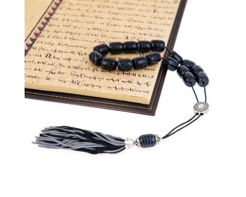 Greek Worry Beads or Komboloi - Handmade, Black Agate Gemstone Beads with Alpaca Metal Parts on Pure Silk Cord & Rich Tassel