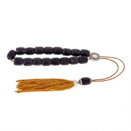 Greek Worry Beads or Komboloi - Handmade, Black Lava Stone (Long Beads) with Alpaca Metal Parts on Pure Silk Cord & Rich Tassel