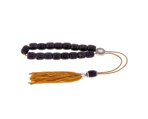 Greek Worry Beads or Komboloi - Handmade, Black Lava Stone (Long Beads) with Alpaca Metal Parts on Pure Silk Cord & Rich Tassel