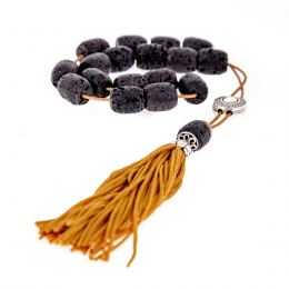 Greek Worry Beads or Komboloi - Handmade, Black Lava Stone (Long Beads) with Alpaca Metal Parts on Pure Silk Cord & Rich Tassel