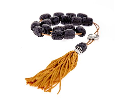 Greek Worry Beads or Komboloi - Handmade, Black Lava Stone (Long Beads) with Alpaca Metal Parts on Pure Silk Cord & Rich Tassel