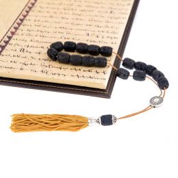 Greek Worry Beads or Komboloi - Handmade, Black Lava Stone (Long Beads) with Alpaca Metal Parts on Pure Silk Cord & Rich Tassel