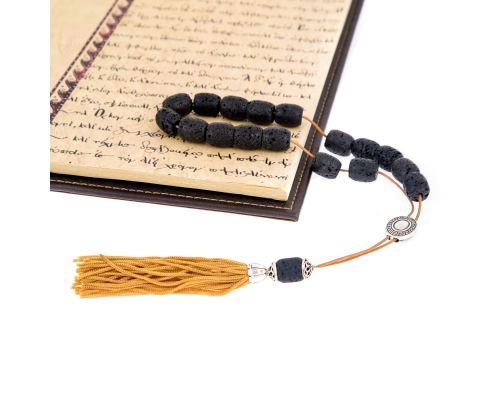 Greek Worry Beads or Komboloi - Handmade, Black Lava Stone (Long Beads) with Alpaca Metal Parts on Pure Silk Cord & Rich Tassel