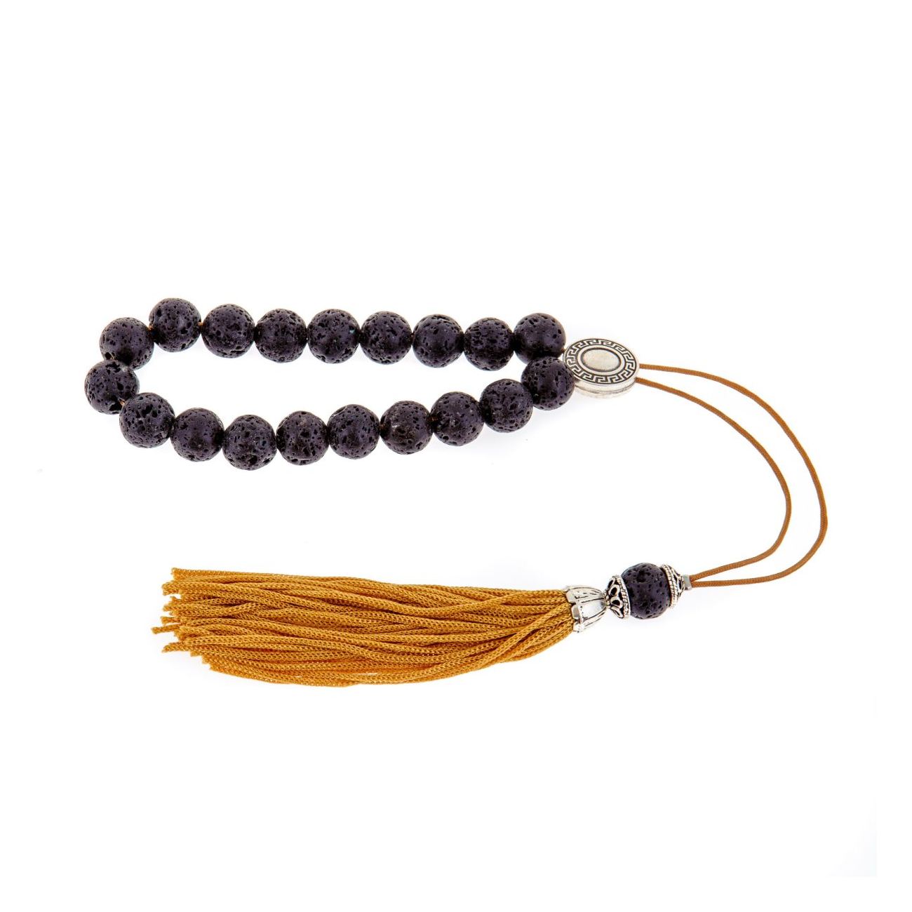 Greek Worry Beads or Komboloi Handmade Black Lava Stone Round Beads with Alpaca Metal Parts on Pure Silk Cord Rich Tassel