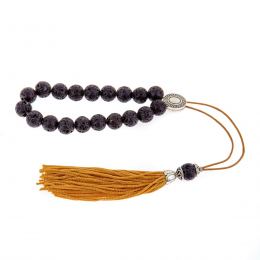 Greek Worry Beads or Komboloi - Handmade, Black Lava Stone (Round Beads) with Alpaca Metal Parts on Pure Silk Cord & Rich Tassel