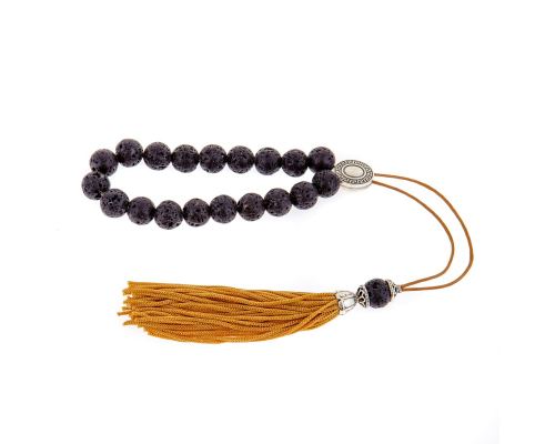 Greek Worry Beads or Komboloi - Handmade, Black Lava Stone (Round Beads) with Alpaca Metal Parts on Pure Silk Cord & Rich Tassel