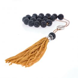 Greek Worry Beads or Komboloi - Handmade, Black Lava Stone (Round Beads) with Alpaca Metal Parts on Pure Silk Cord & Rich Tassel