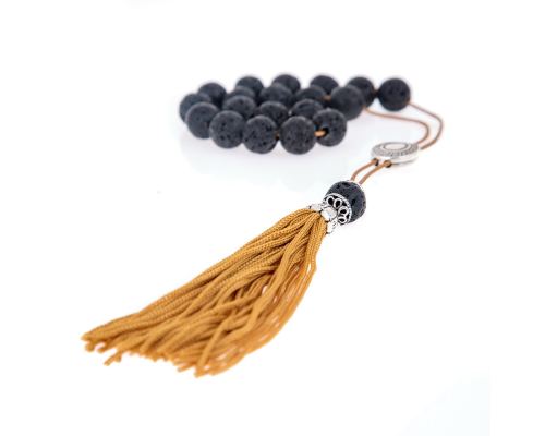 Greek Worry Beads or Komboloi - Handmade, Black Lava Stone (Round Beads) with Alpaca Metal Parts on Pure Silk Cord & Rich Tassel