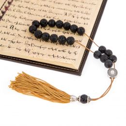 Greek Worry Beads or Komboloi - Handmade, Black Lava Stone (Round Beads) with Alpaca Metal Parts on Pure Silk Cord & Rich Tassel