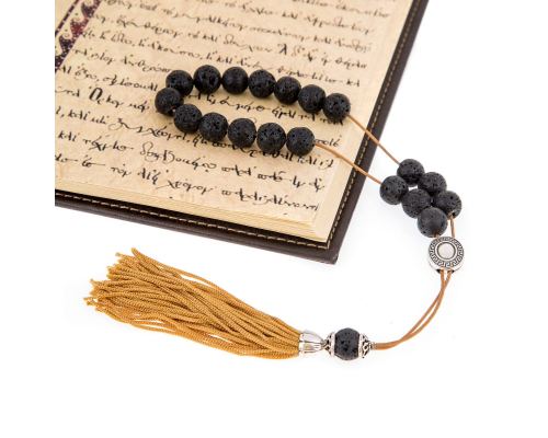 Greek Worry Beads or Komboloi - Handmade, Black Lava Stone (Round Beads) with Alpaca Metal Parts on Pure Silk Cord & Rich Tassel