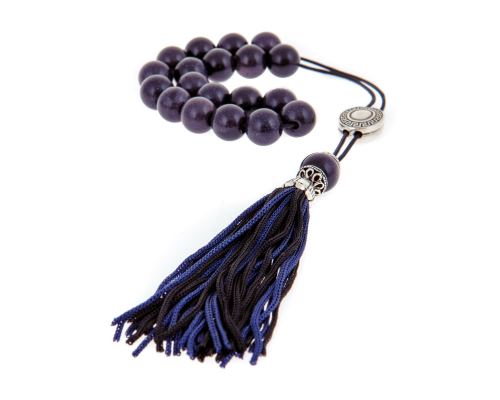 Greek Worry Beads or Komboloi - Handmade, Blue Peridot or Chrysolite Gemstone Round Beads with Alpaca Metal Parts on Pure Silk Cord & Rich Tassel