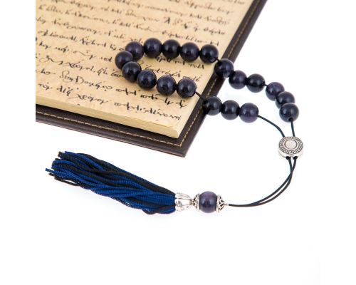 Greek Worry Beads or Komboloi - Handmade, Blue Peridot or Chrysolite Gemstone Round Beads with Alpaca Metal Parts on Pure Silk Cord & Rich Tassel