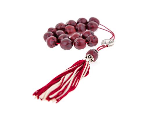 Greek Worry Beads or Komboloi - Handmade, Bordeaux Nutmeg Seed Aromatic Beads with Alpaca Metal Parts on Pure Silk Cord & Rich Tassel