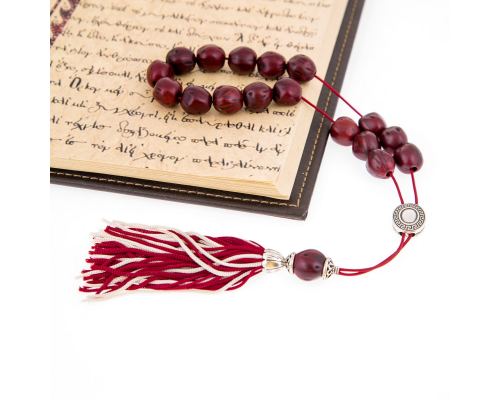 Greek Worry Beads or Komboloi - Handmade, Bordeaux Nutmeg Seed Aromatic Beads with Alpaca Metal Parts on Pure Silk Cord & Rich Tassel