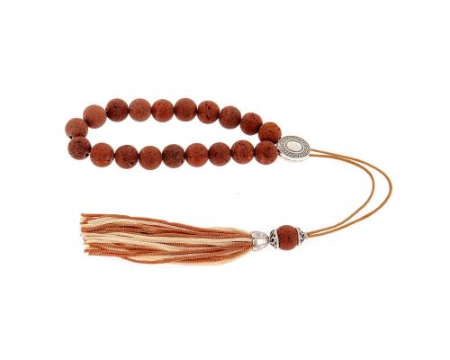 Greek Worry Beads or Komboloi - Handmade, Brown Lava Stone (Round Beads) with Alpaca Parts on Pure Silk Cord & Rich Tassel