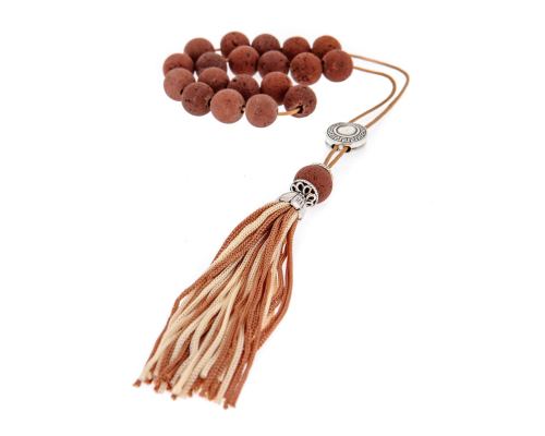 Greek Worry Beads or Komboloi - Handmade, Brown Lava Stone (Round Beads) with Alpaca Parts on Pure Silk Cord & Rich Tassel