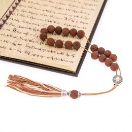 Greek Worry Beads or Komboloi - Handmade, Brown Lava Stone (Round Beads) with Alpaca Parts on Pure Silk Cord & Rich Tassel