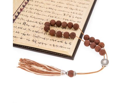 Greek Worry Beads or Komboloi - Handmade, Brown Lava Stone (Round Beads) with Alpaca Parts on Pure Silk Cord & Rich Tassel