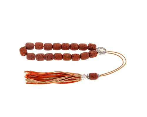 Greek Worry Beads or Komboloi - Handmade, Brown Lava Stone (Long Beads) with Alpaca Metal Parts on Pure Silk Cord & Rich Tassel