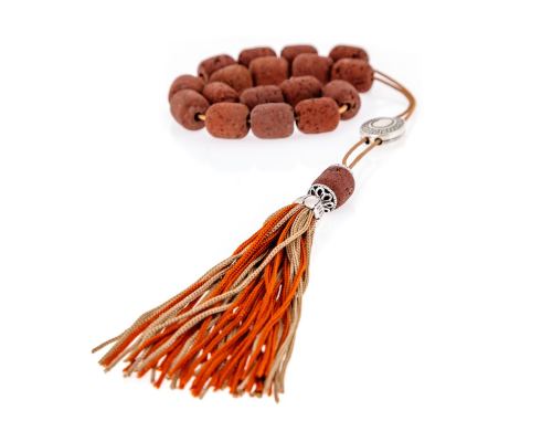 Greek Worry Beads or Komboloi - Handmade, Brown Lava Stone (Long Beads) with Alpaca Metal Parts on Pure Silk Cord & Rich Tassel