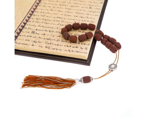 Greek Worry Beads or Komboloi - Handmade, Brown Lava Stone (Long Beads) with Alpaca Metal Parts on Pure Silk Cord & Rich Tassel