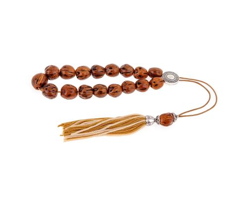 Greek Worry Beads or Komboloi - Handmade, Brown Nutmeg Seed Aromatic Beads with Alpaca Metal Parts on Pure Silk Cord & Rich Tassel