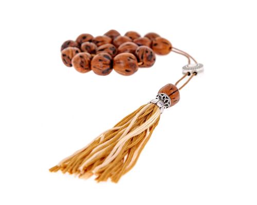 Greek Worry Beads or Komboloi - Handmade, Brown Nutmeg Seed Aromatic Beads with Alpaca Metal Parts on Pure Silk Cord & Rich Tassel